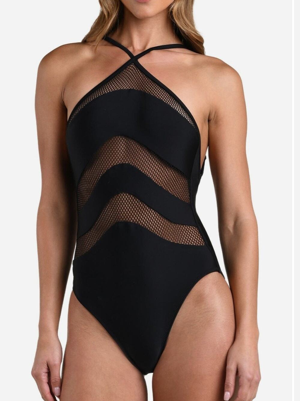 L'Agence Gabriell Mesh Inset One-Piece Swimsuit Black Halter Neck Backless NWT S